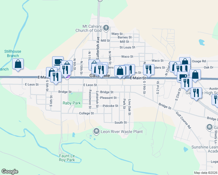 map of restaurants, bars, coffee shops, grocery stores, and more near 1302 East Leon Street in Gatesville