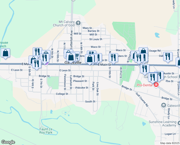 map of restaurants, bars, coffee shops, grocery stores, and more near 1413 East Leon Street in Gatesville