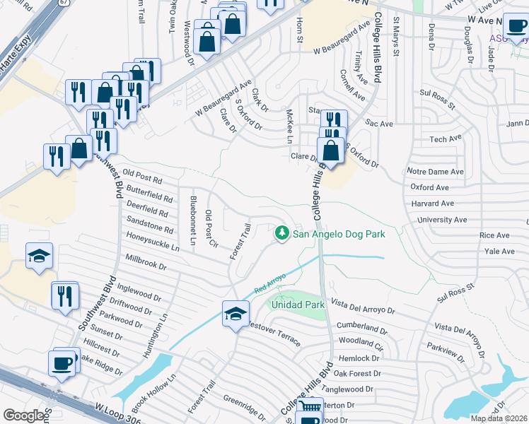 map of restaurants, bars, coffee shops, grocery stores, and more near 3542 Old Post Road in San Angelo