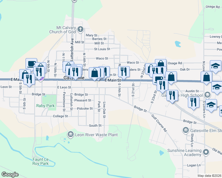 map of restaurants, bars, coffee shops, grocery stores, and more near 1802 East Leon Street in Gatesville