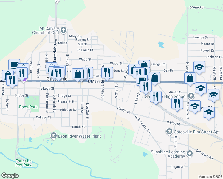 map of restaurants, bars, coffee shops, grocery stores, and more near 2005-2007 East Leon Street in Gatesville