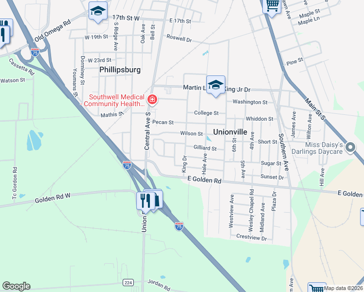 map of restaurants, bars, coffee shops, grocery stores, and more near 130 Kennedy Avenue in Tifton