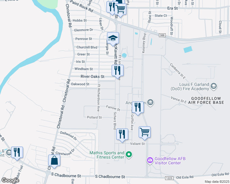 map of restaurants, bars, coffee shops, grocery stores, and more near 600 Vance Circle in San Angelo