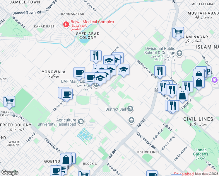 map of restaurants, bars, coffee shops, grocery stores, and more near University of Agriculture Main Road in Faisalabad