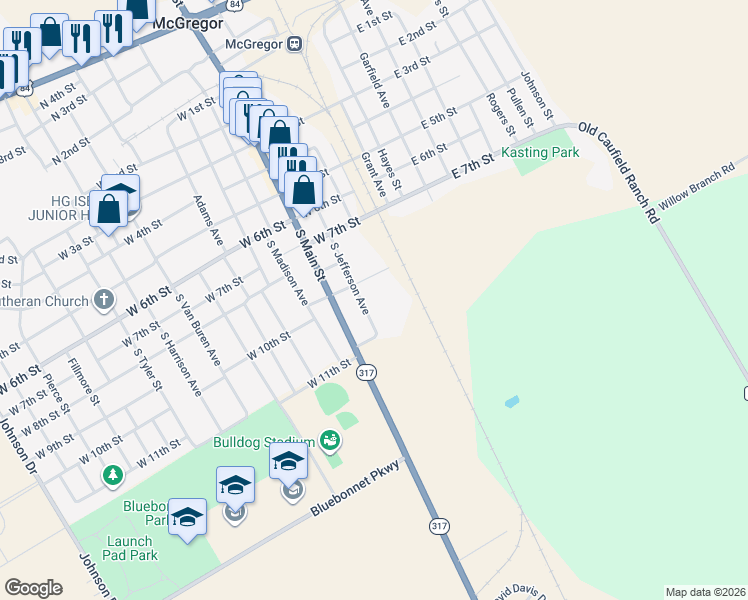 map of restaurants, bars, coffee shops, grocery stores, and more near 1010 S Jefferson St in McGregor