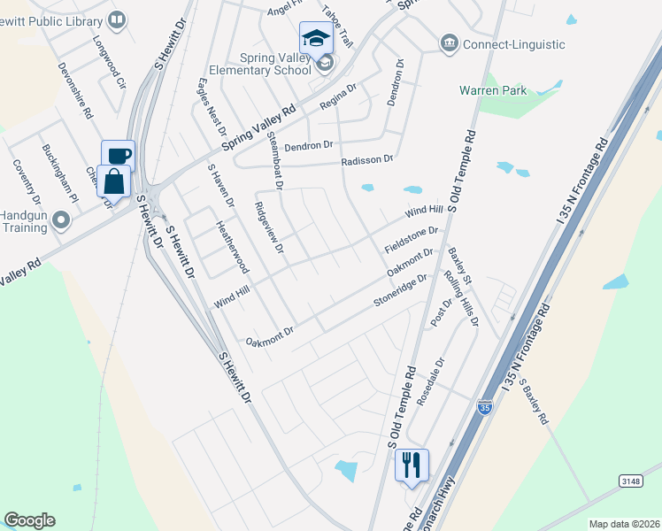 map of restaurants, bars, coffee shops, grocery stores, and more near 1016 Steamboat Drive in Hewitt