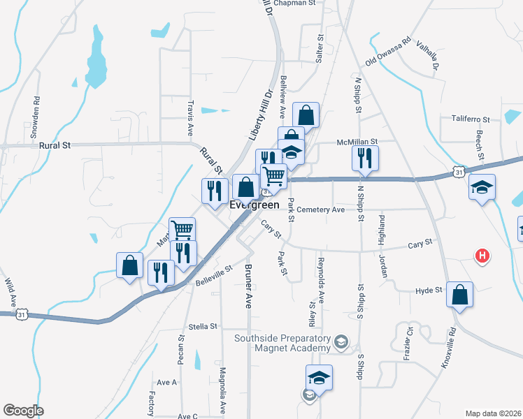 map of restaurants, bars, coffee shops, grocery stores, and more near East Front Street in Evergreen