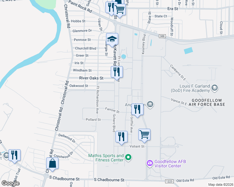 map of restaurants, bars, coffee shops, grocery stores, and more near 1 Fort Lancaster Avenue in San Angelo