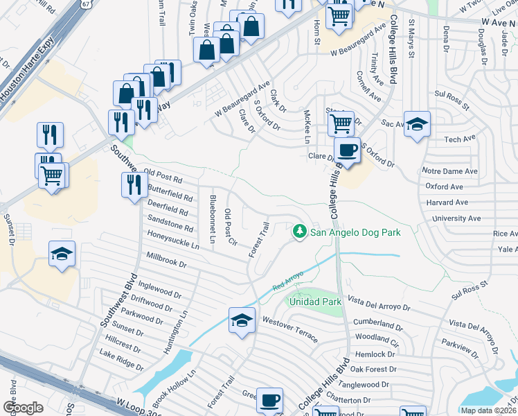 map of restaurants, bars, coffee shops, grocery stores, and more near 3610 Old Post Road in San Angelo
