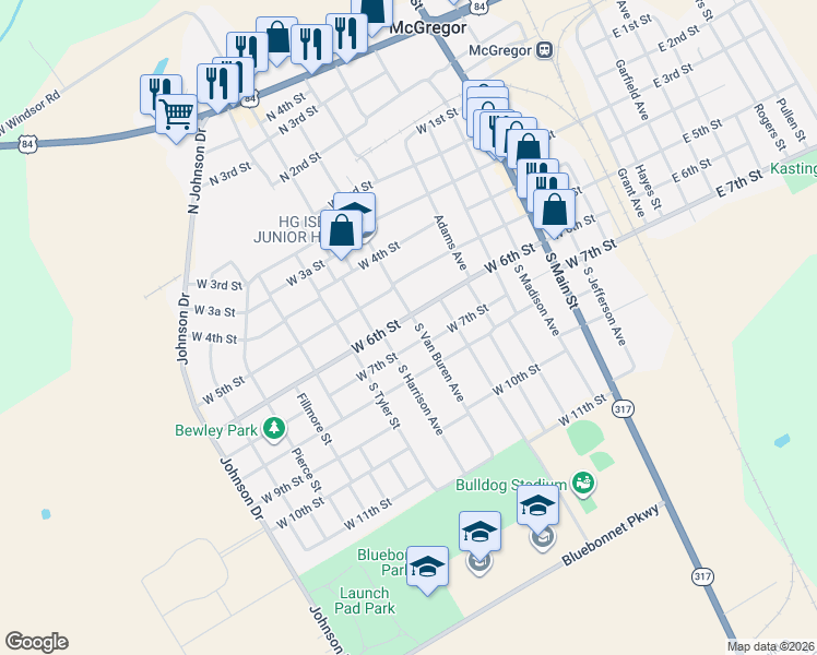 map of restaurants, bars, coffee shops, grocery stores, and more near 900 West 6th Street in McGregor
