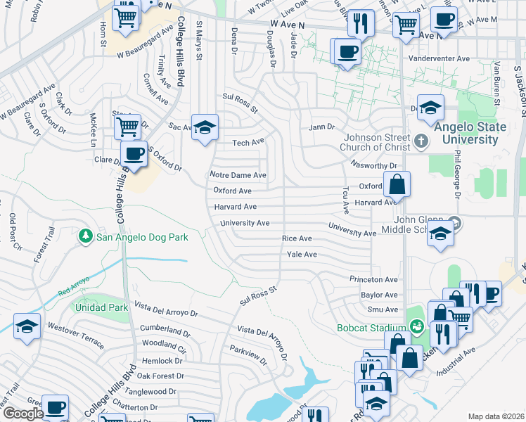 map of restaurants, bars, coffee shops, grocery stores, and more near 2725 Harvard Avenue in San Angelo