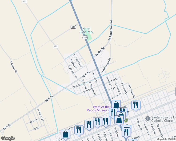 map of restaurants, bars, coffee shops, grocery stores, and more near 325 North Oak Street in Pecos