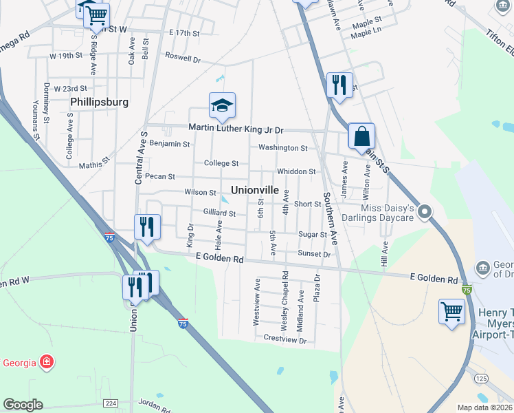map of restaurants, bars, coffee shops, grocery stores, and more near 108 Martin Luther King Junior Drive in Tifton