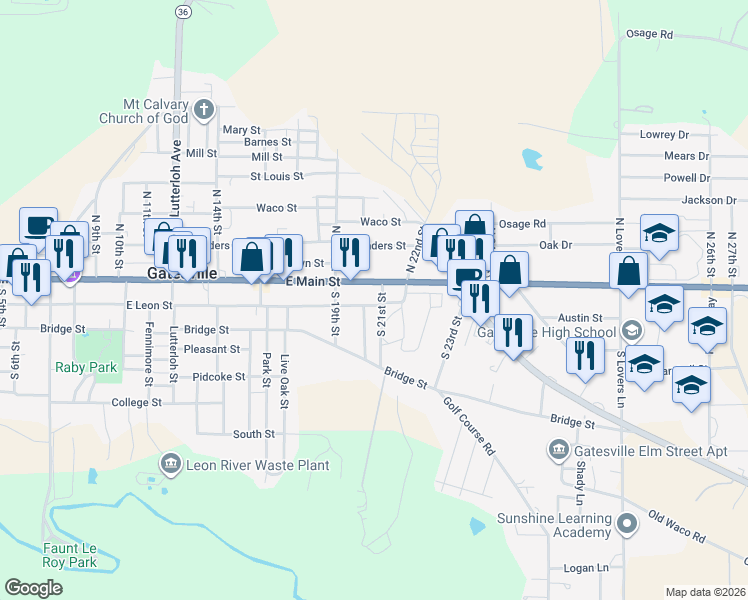 map of restaurants, bars, coffee shops, grocery stores, and more near 2005 East Leon Street in Gatesville