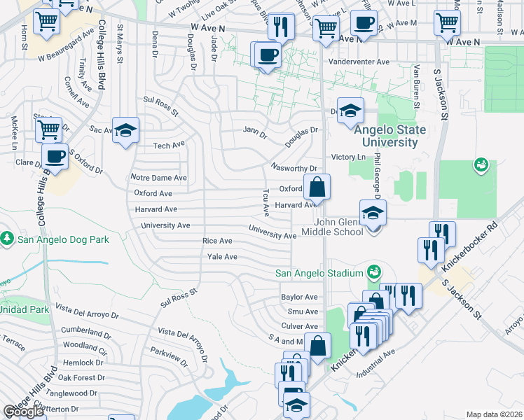 map of restaurants, bars, coffee shops, grocery stores, and more near 2601 Harvard Avenue in San Angelo