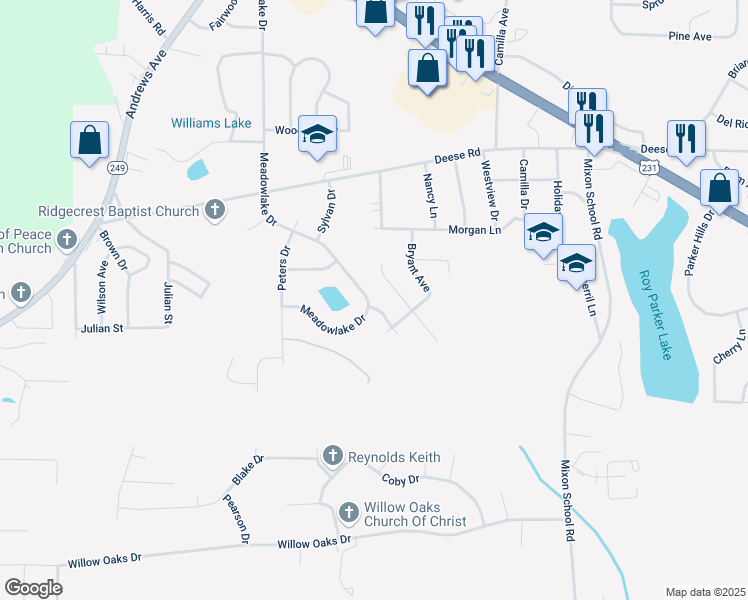 map of restaurants, bars, coffee shops, grocery stores, and more near 1145 Meadowlake Drive in Ozark