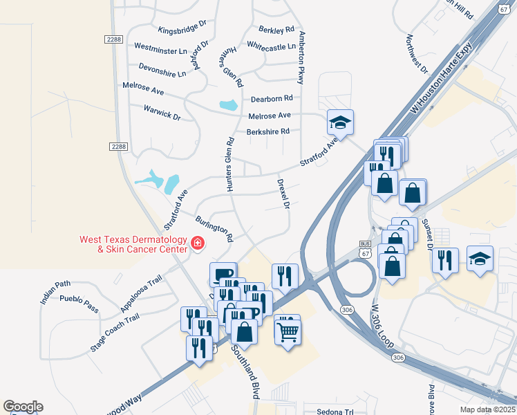 map of restaurants, bars, coffee shops, grocery stores, and more near 5900-5978 Southampton Pl in San Angelo