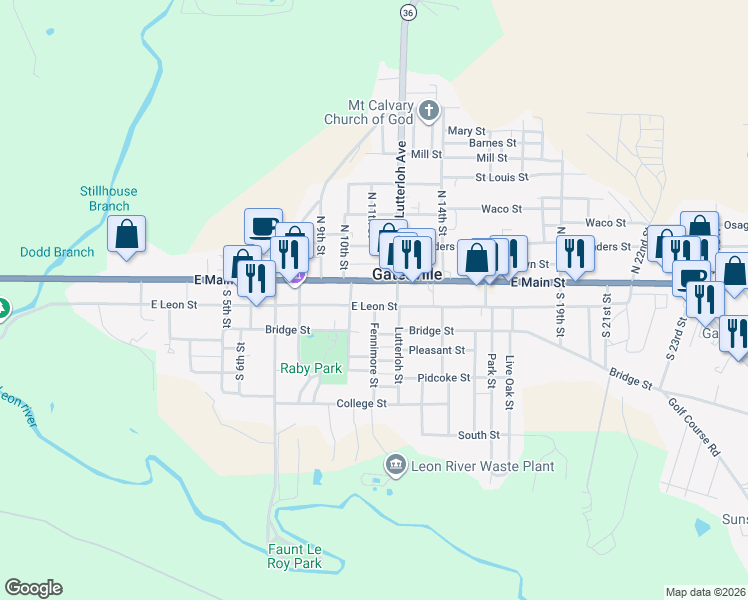map of restaurants, bars, coffee shops, grocery stores, and more near 1101 East Leon Street in Gatesville