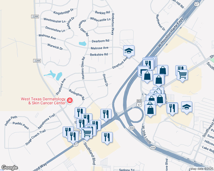 map of restaurants, bars, coffee shops, grocery stores, and more near 5978 Southampton Pl in San Angelo