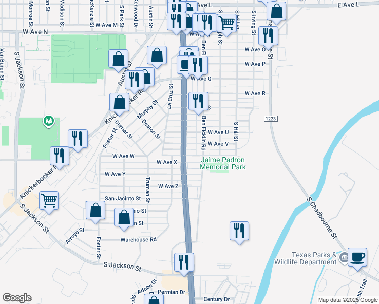 map of restaurants, bars, coffee shops, grocery stores, and more near 426 West Avenue West in San Angelo