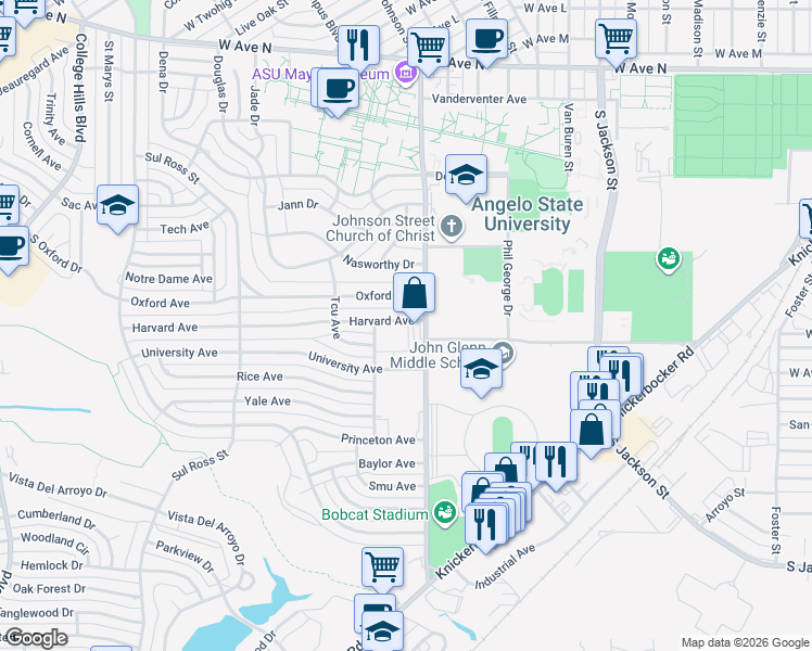 map of restaurants, bars, coffee shops, grocery stores, and more near 2465 Harvard Avenue in San Angelo