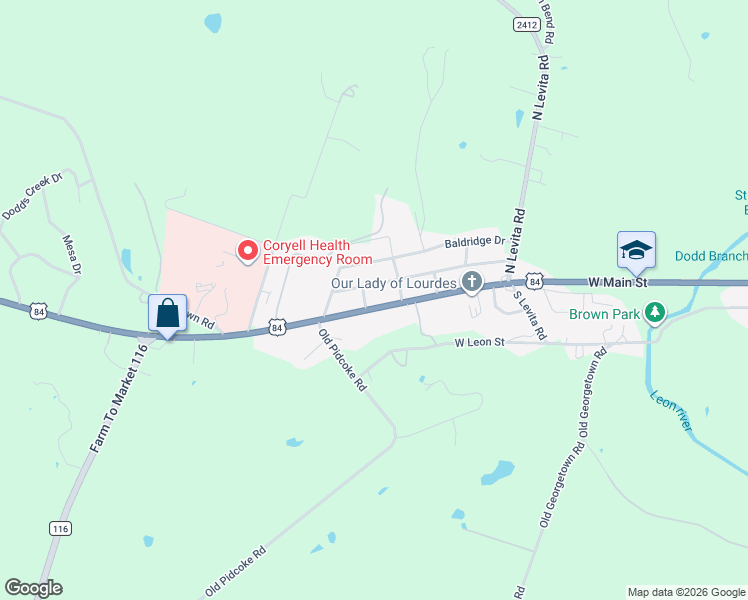 map of restaurants, bars, coffee shops, grocery stores, and more near 1306 West Main Street in Gatesville