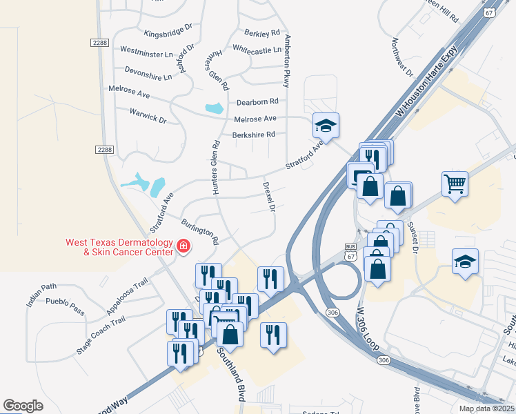 map of restaurants, bars, coffee shops, grocery stores, and more near 5900-5978 Southampton Pl in San Angelo