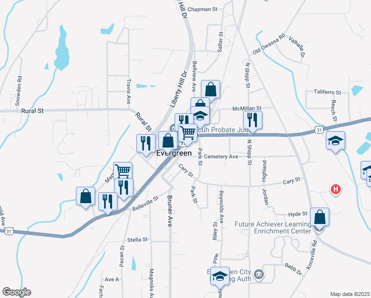 map of restaurants, bars, coffee shops, grocery stores, and more near East Front Street in Evergreen