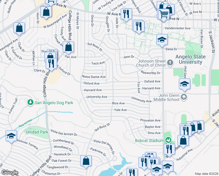 map of restaurants, bars, coffee shops, grocery stores, and more near 2725 Harvard Avenue in San Angelo