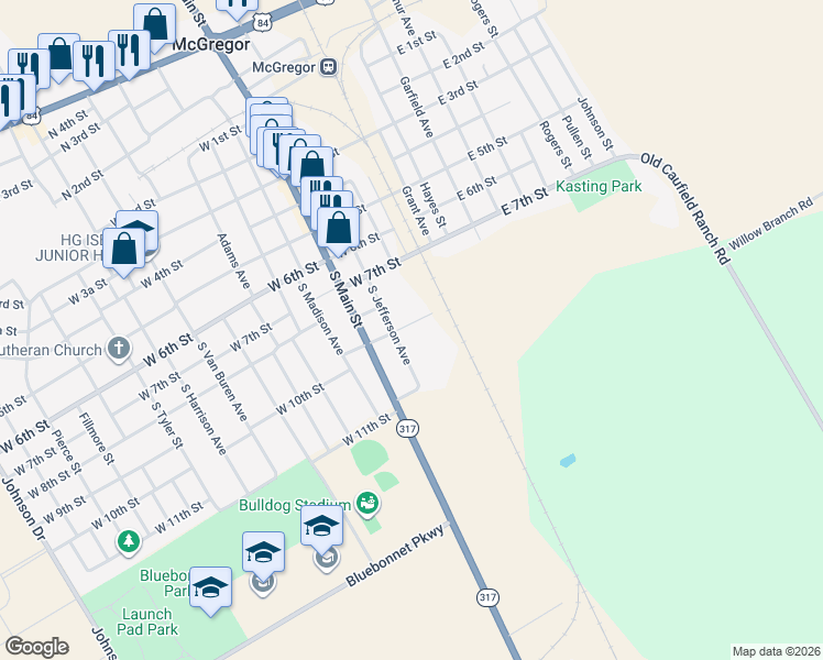 map of restaurants, bars, coffee shops, grocery stores, and more near 1010 S Jefferson St in McGregor
