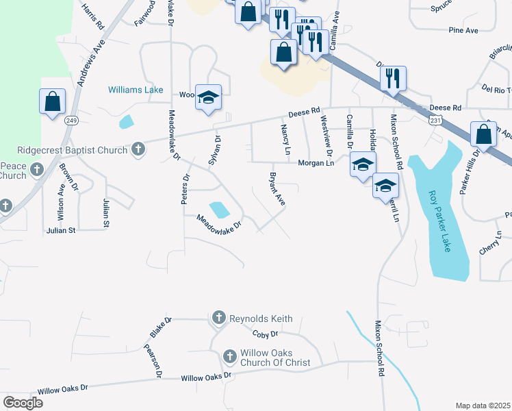 map of restaurants, bars, coffee shops, grocery stores, and more near 1145 Meadowlake Drive in Ozark