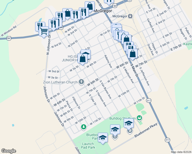 map of restaurants, bars, coffee shops, grocery stores, and more near 900 West 6th Street in McGregor