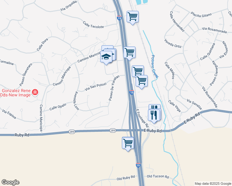 map of restaurants, bars, coffee shops, grocery stores, and more near 41 Paseo De Yucatan in Rio Rico