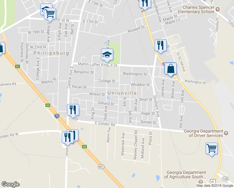 map of restaurants, bars, coffee shops, grocery stores, and more near 417 Wilson Street in Tifton