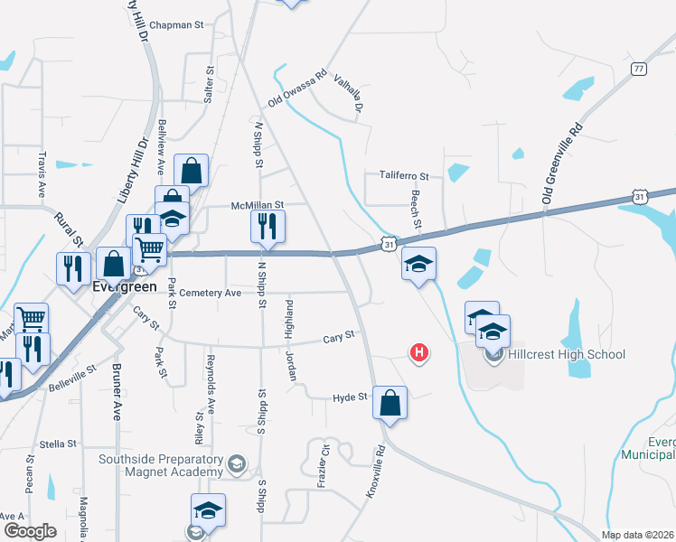 map of restaurants, bars, coffee shops, grocery stores, and more near 112 South Main Street in Evergreen