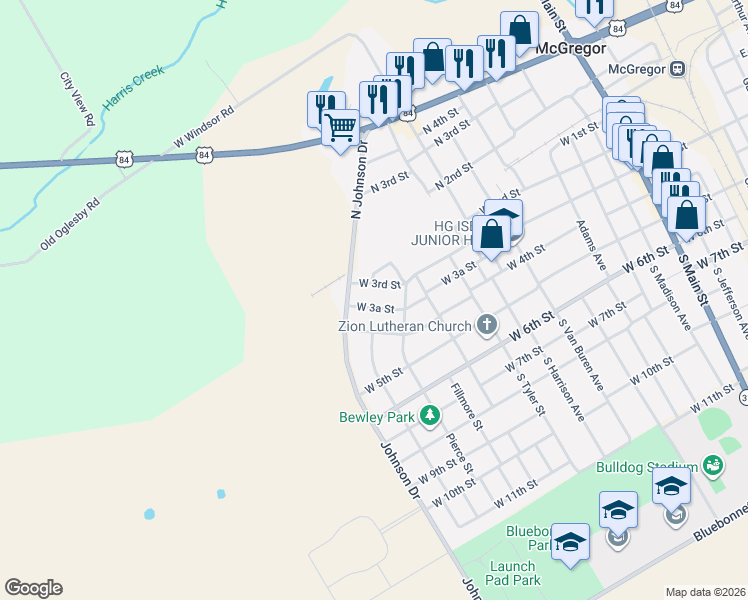map of restaurants, bars, coffee shops, grocery stores, and more near 1307 West 3rd Street in McGregor