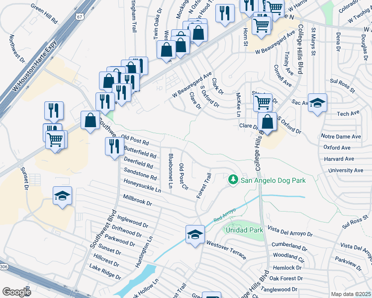 map of restaurants, bars, coffee shops, grocery stores, and more near 3646 Old Post Road in San Angelo