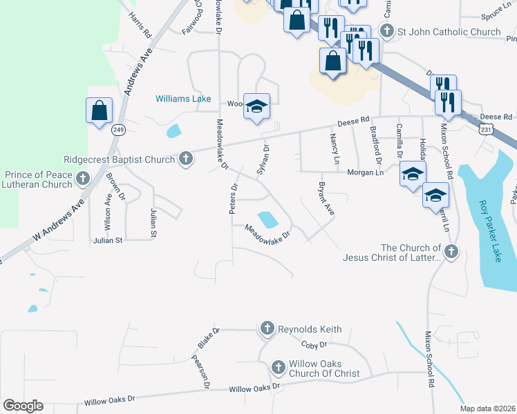 map of restaurants, bars, coffee shops, grocery stores, and more near 153 Jasmine Drive in Ozark
