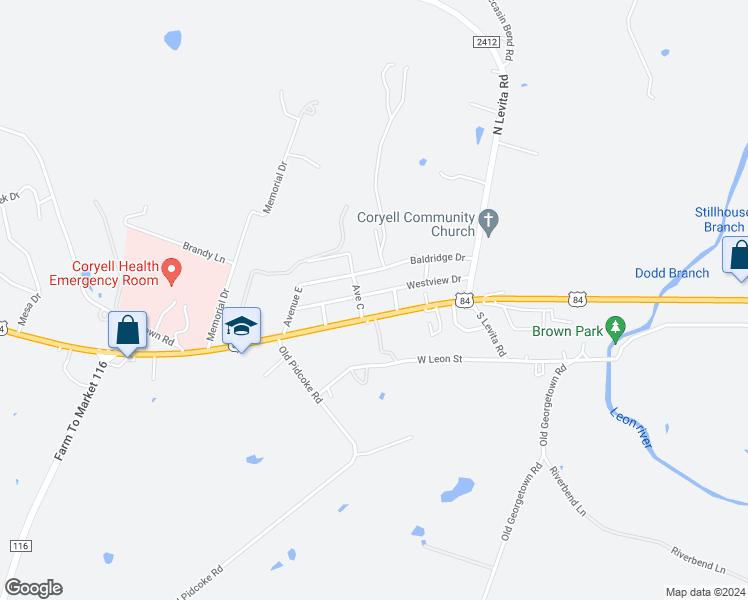 map of restaurants, bars, coffee shops, grocery stores, and more near 1205 Westview Drive in Gatesville