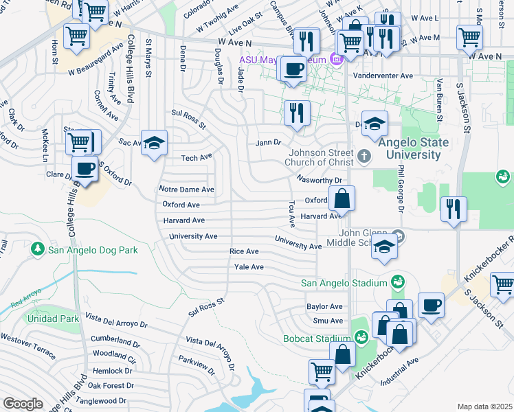 map of restaurants, bars, coffee shops, grocery stores, and more near 2649 Oxford Avenue in San Angelo