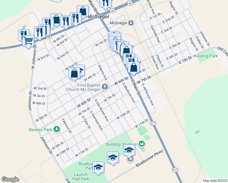 map of restaurants, bars, coffee shops, grocery stores, and more near 600 West 6th Street in McGregor