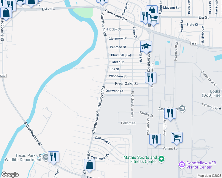 map of restaurants, bars, coffee shops, grocery stores, and more near 118 Oakwood Street in San Angelo