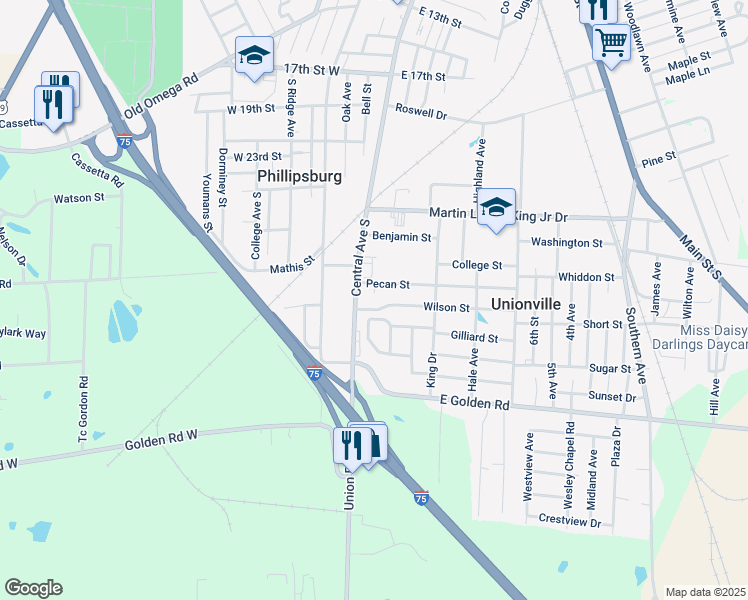 map of restaurants, bars, coffee shops, grocery stores, and more near 2915 Central Avenue South in Tifton