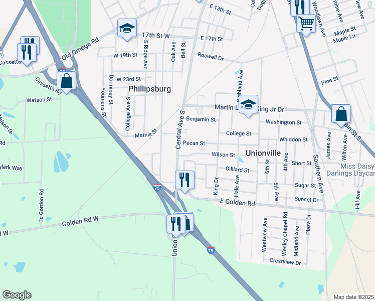 map of restaurants, bars, coffee shops, grocery stores, and more near 2915 Central Avenue South in Tifton