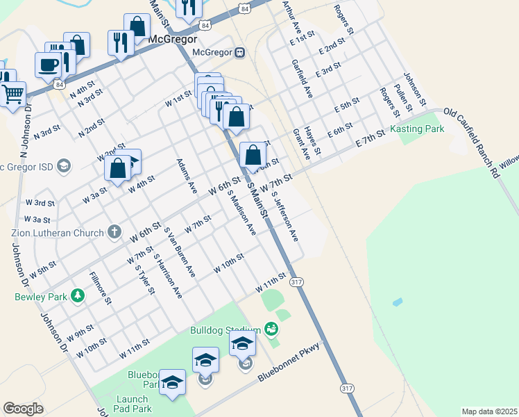map of restaurants, bars, coffee shops, grocery stores, and more near 705 Park Street in McGregor