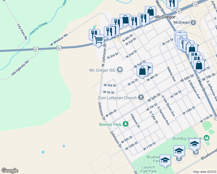 map of restaurants, bars, coffee shops, grocery stores, and more near 1307 West 3rd Street in McGregor