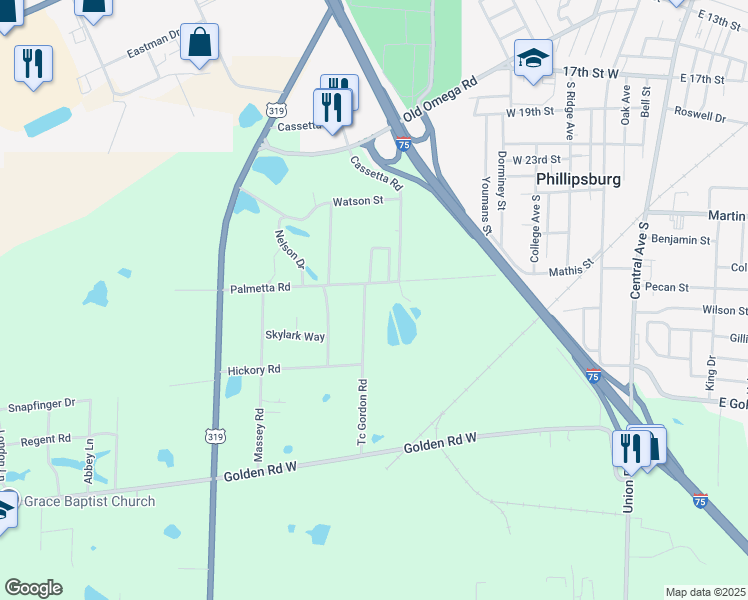 map of restaurants, bars, coffee shops, grocery stores, and more near 84 Palmetta Road in Tifton