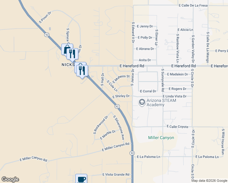 map of restaurants, bars, coffee shops, grocery stores, and more near 7272 South Cole Lane in Hereford
