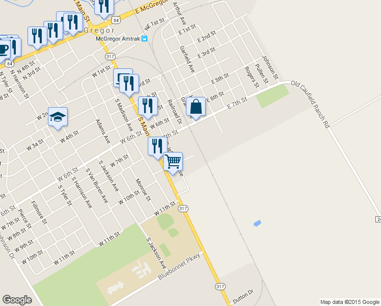 map of restaurants, bars, coffee shops, grocery stores, and more near 108 W 9th St in McGregor