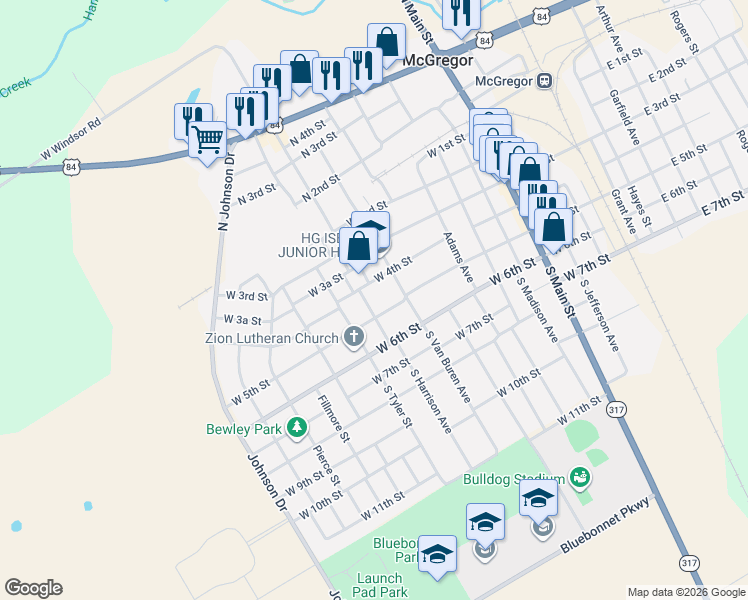 map of restaurants, bars, coffee shops, grocery stores, and more near 408 South Harrison Avenue in McGregor